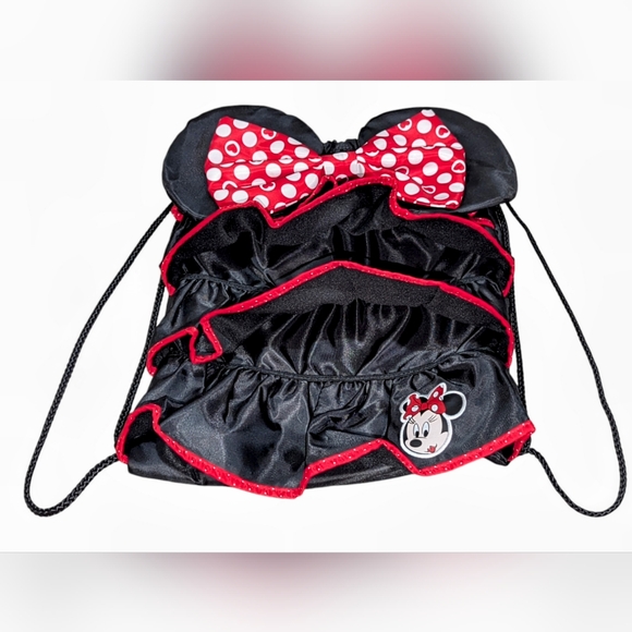 DisneyParks Minnie Mouse Ear/Red White Polka Dot Bow Ruffled Drawstring Backpack - Picture 3 of 15